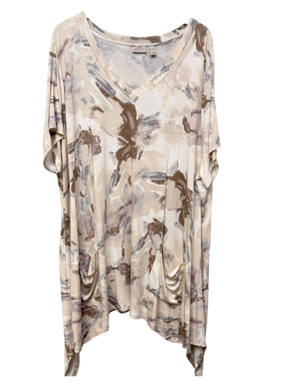 LOGO Lori Goldstein Tunic Tee Plus Size 4X Beige Abstract V Neck Boho Top